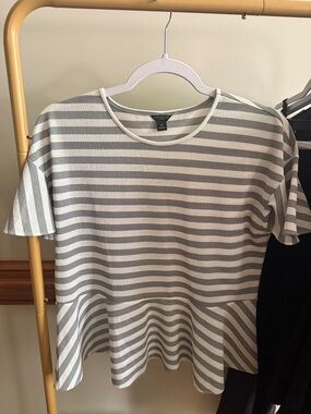 Ann Taylor Gray & White Striped Peplum Tee
